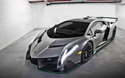 Lamborghini Veneno, 2016 arabalar, s&#252;per arabalar, İtalyan otomobil, bir garaj, G&#252;m&#252;ş Lamborghini