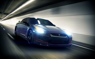 Nissan GT-R, supercars, headlights, movement, R35, black nissan