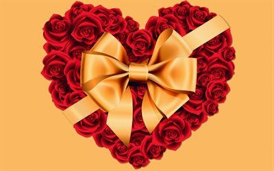 heart of roses, red heart, flower heart, gold ribbon, gold bow, roses