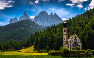 Santa Maddalena, Dolomites Alps, HDR, Villnoss, church, meadows, South Tyrol, Italy
