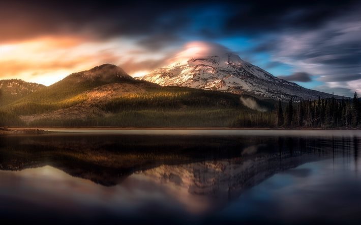 America, mountain, lake, clouds, sunset, Oregon, USA