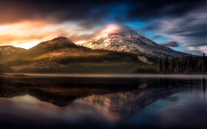 Estados unidos, monta&#241;a, lago, nubes, puesta de sol, Oregon, estados UNIDOS