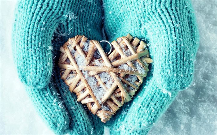 blue mittens, heart, hands, wooden heart, winter, snow