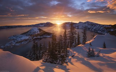 volcanic lake, sunset, winter, snow, lake, USA