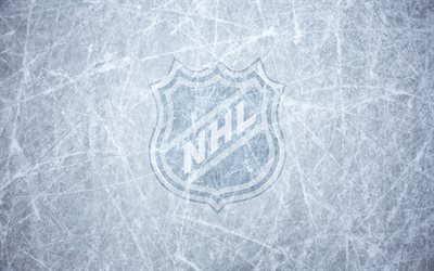 NHL, National Hockey League, logo, emblem, ice, hockey, 4k, hockey stadium, ice texture, USA