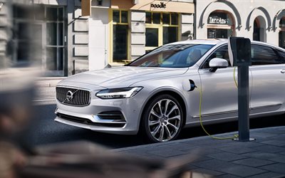 Volvo S90 Hybrid, 2018, 4k, electric car, white S90, new cars, Swedish cars, electric car charging concepts, Volvo