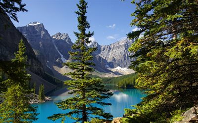 O lago Moraine, Canada, ver&#227;o, O Parque Nacional De Banff, montanhas, Canadian Rockies, Alberta, floresta