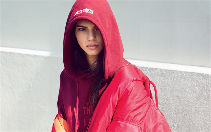 Kendall Jenner, la mode Am&#233;ricaine mod&#232;le, rouge veste de sport, photoshoot