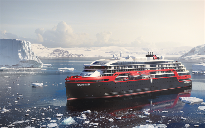 MS Roald Amundsen, 4k, buzullar, deniz, Hurtigruten, Norve&#231; Kıyı Express