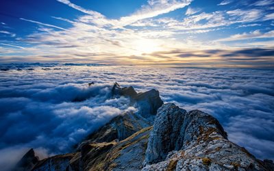 Switzerland, mountains, clouds, mountain peak, rocks