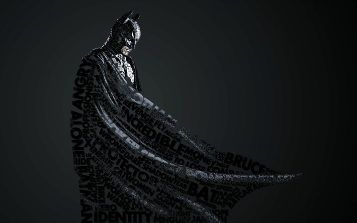 Batman, 4k, supersankari, musta tausta, art, typografia