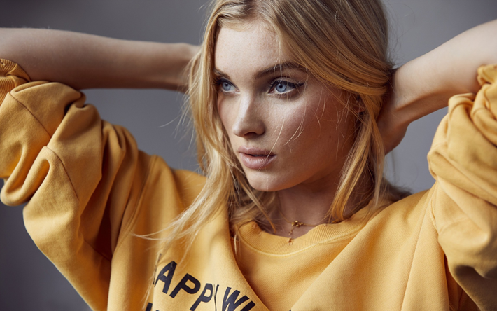 Elsa Hosk, Swedish top model, yellow sports jacket, portrait, blonde, blue eyes, beautiful young woman