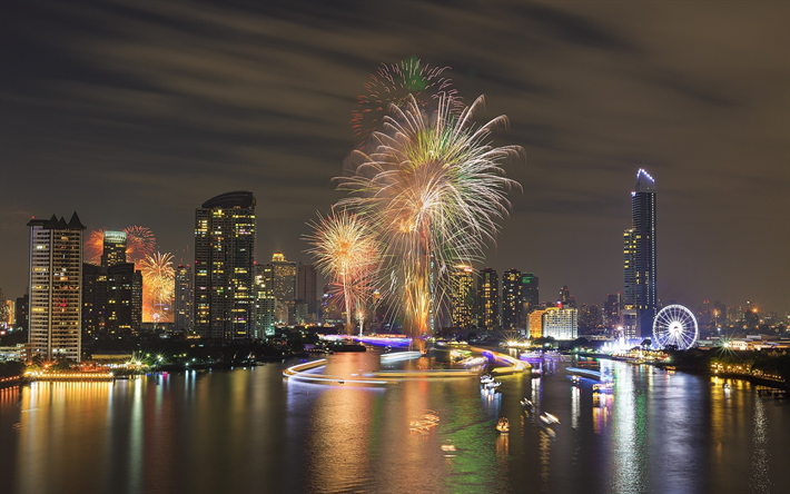 Bangkok, Thailand, skyscrapers, fireworks, holiday, bay