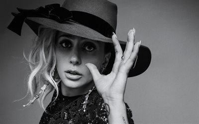 Lady Gaga, Cantora norte-americana, monocrom&#225;tico, retrato, mulher com um chap&#233;u, Stefani Joanne Angelina Germanotta