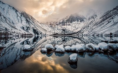 Mount Morrison, Lake Conwick, 4k, winter, mountains, California, USA, America