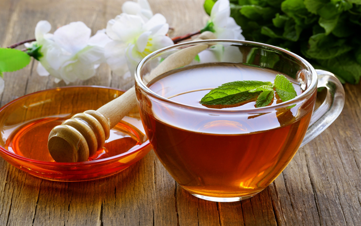 tea with mint, honey, cup of tea, hot drink