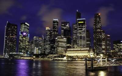 4k, Singapore, pier, nightscapes, metropolis, skyscrapers, Asia