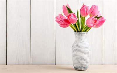 pink tulips, vase, spring flowers, bouquet, tulips