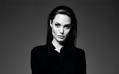 Angelina Jolie, siyah ve beyaz portre fotoğraf &#231;ekimi, Amerikalı oyuncu, G&#252;zel kadın