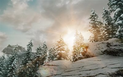 winter landscape, mountains, forest, snow, winter, sunset