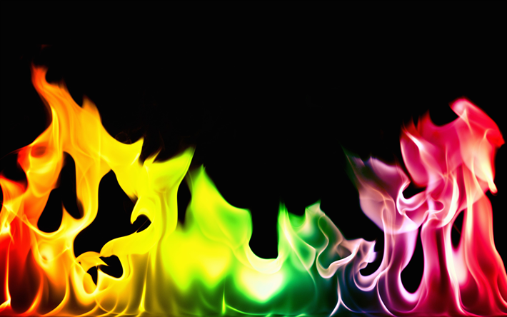 colorful fire, 4k, rainbow, flames, black background, fire