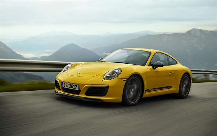 Porsche 911 Carrera T, 2018, sarı spor coupe, Alman spor araba, yol, hız, Porsche