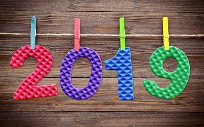 2019 Yeni yılınız kutlu olsun, clothespins numaraları, ip, ahşap, arka plan, 2019 kavramlar