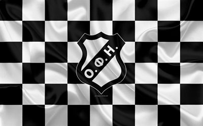 OFI FC, 4k, logo, creative art, black and white checkered flag, Greek football club, Super League Greece, emblem, silk texture, Heraklion, Greece, football, OFI Crete FC