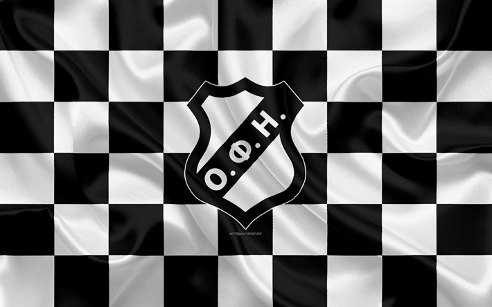 OFI FC, 4k, logo, creative art, musta ja valkoinen ruudullinen lippu, Kreikan football club, Super League Kreikan, tunnus, silkki tekstuuri, Heraklion, Kreikka, jalkapallo, OFI Crete FC