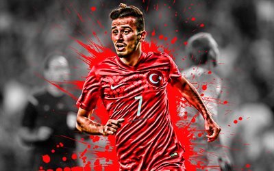 Oguzhan Ozyakup, 4k, Turkin jalkapalloilija, Turkin jalkapallomaajoukkue, keskikentt&#228;pelaaja, punainen maali roiskeet, creative art, Turkki, jalkapallo, grunge art