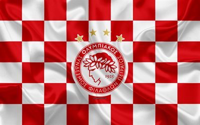 L&#39;Olympiacos FC, 4k, logo, art cr&#233;atif, de rouge et de blanc drapeau &#224; damier, le grec club de football de Super League de la Gr&#232;ce, de l&#39;embl&#232;me, la texture de la soie, du Pir&#233;e, en Gr&#232;ce, en football, l&#39;Olympiac