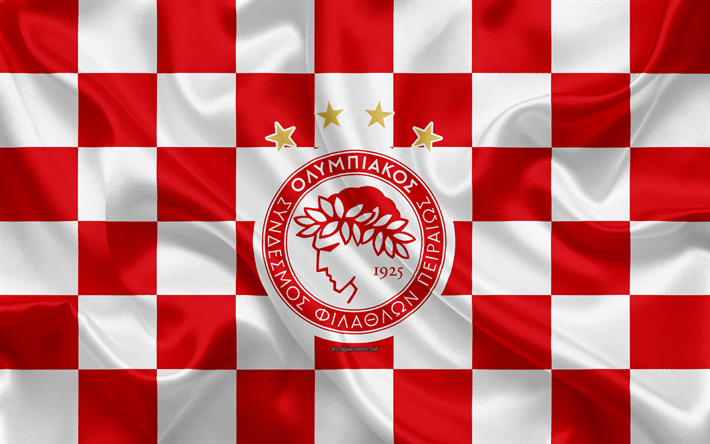 Olympiacos FC, 4k, logo, creative art, red and white checkered flag, Greek football club, Super League Greece, emblem, silk texture, Piraeus, Greece, football, Olympiacos Piraeus