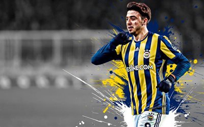 Ozan tufan ha una risoluzione di 4k, bagno turco, giocatore di football, Fenerbahce, centrocampista, blu, giallo, schizzi di vernice, arte creativa, Turchia, calcio, grunge, arte