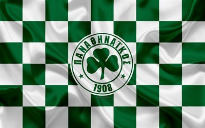 Panathinaikos FC, 4k, logo, creative art, green and white checkered flag, Greek football club, Super League Greece, emblem, silk texture, Athens, Greece, football