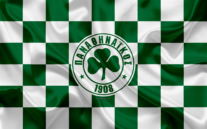 O Panathinaikos FC, 4k, logo, arte criativa, branco e verde bandeira quadriculada, Grego futebol clube, Super Liga Da Gr&#233;cia, emblema, textura de seda, Atenas, Gr&#233;cia, futebol