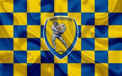 Panetolikos FC, 4k, logo, creative art, yellow blue checkered flag, Greek football club, Super League Greece, emblem, silk texture, Agrinion, Greece, football