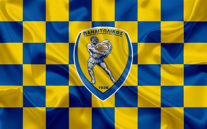 Panetolikos FC, 4k, logo, arte criativa, amarelo azul bandeira quadriculada, Grego futebol clube, Super Liga Da Gr&#233;cia, emblema, textura de seda, Agrinion, Gr&#233;cia, futebol