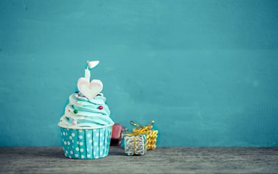 Happy birthday, cupcake with blue cream, cake, blue background, birthday, cupcakes