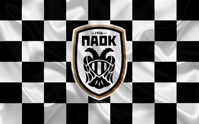 PAOK FC, 4k, logo, creative art, black and white checkered flag, Greek football club, Super League Greece, emblem, silk texture, Thessaloniki, Greece, football