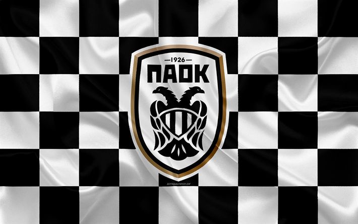 O PAOK FC, 4k, logo, arte criativa, preto e branco bandeira quadriculada, Grego futebol clube, Super Liga Da Gr&#233;cia, emblema, textura de seda, Sal&#243;nica, Gr&#233;cia, futebol