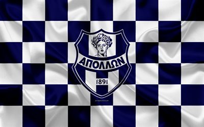 Apollon Smyrni FC, 4k, logo, creative art, blue and white checkered flag, Greek football club, Super League Greece, emblem, silk texture, Athens, Greece, football