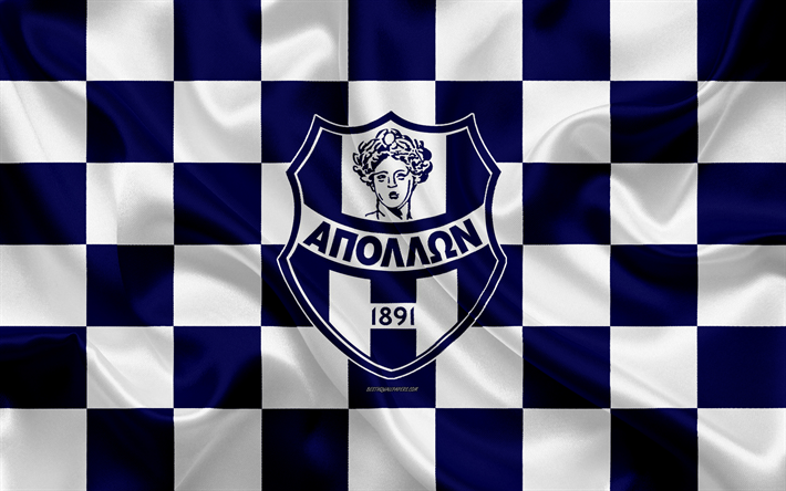 Apollon Smyrni FC, 4k, logotipo, creativo, arte, azul y blanco de la bandera a cuadros, griego club de f&#250;tbol de la S&#250;per Liga de Grecia, con el emblema de la seda textura, Atenas, Grecia, el f&#250;tbol