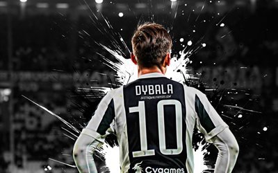 4k, Paulo Dybala, takaisin n&#228;kym&#228;, valkoinen ja musta tahra, Juventus FC, argentiinalaiset jalkapalloilijat, jalkapallo, Serie, Dybala, grunge, Italia, Juve