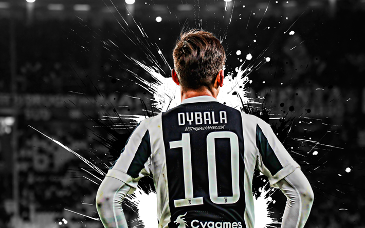 4k, Paulo Dybala, vue de dos, noir et blanc, les taches d&#39;encre, de la Juventus FC, l&#39;argentin joueurs de football, de soccer, de la Serie A, Dybala, le football, le grunge, l&#39;Italie, la Juve