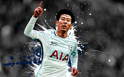 Son Heung-min, 4k, South Korean football player, Tottenham Hotspur FC, striker, white-blue paint splashes, creative art, Premier League, England, football, grunge art