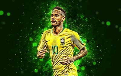 Her, 4k, futbol yıldızları, Brezilya Milli Takımı, yeşil arka plan, Her JR, futbol, yaratıcı, Her 4k, neon ışıkları, Brezilya futbol takımı