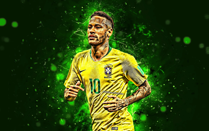 Neymar, 4k, jalkapallo t&#228;hte&#228;, Brasilian Maajoukkueen, vihre&#228; tausta, Neymar JR, jalkapallo, luova, Neymar 4k, neon valot, Brasilian jalkapallojoukkue