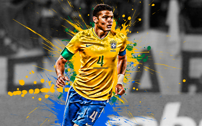 Thiago Silva, 4k, Brasilialainen jalkapalloilija, Brasilian jalkapallomaajoukkue, puolustaja, keltainen sininen maali roiskeet, creative art, Brasilia, jalkapallo, grunge art