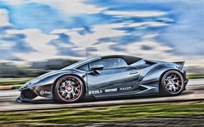 4k, Lamborghini Huracan, motion blur, tuning, 2018 cars, HDR, hypercars, gray Huracan, supercars, Lamborghini