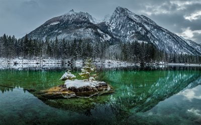 mountain lake, glacier lake, winter, snow, mountain landscape, Bavaria, Alps, emerald lake, Germany